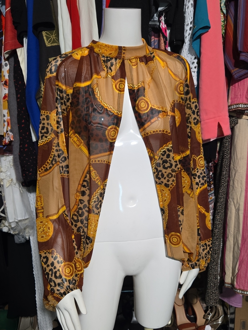 Brown & Gold Chain-Print Long-Sleeve Jacket